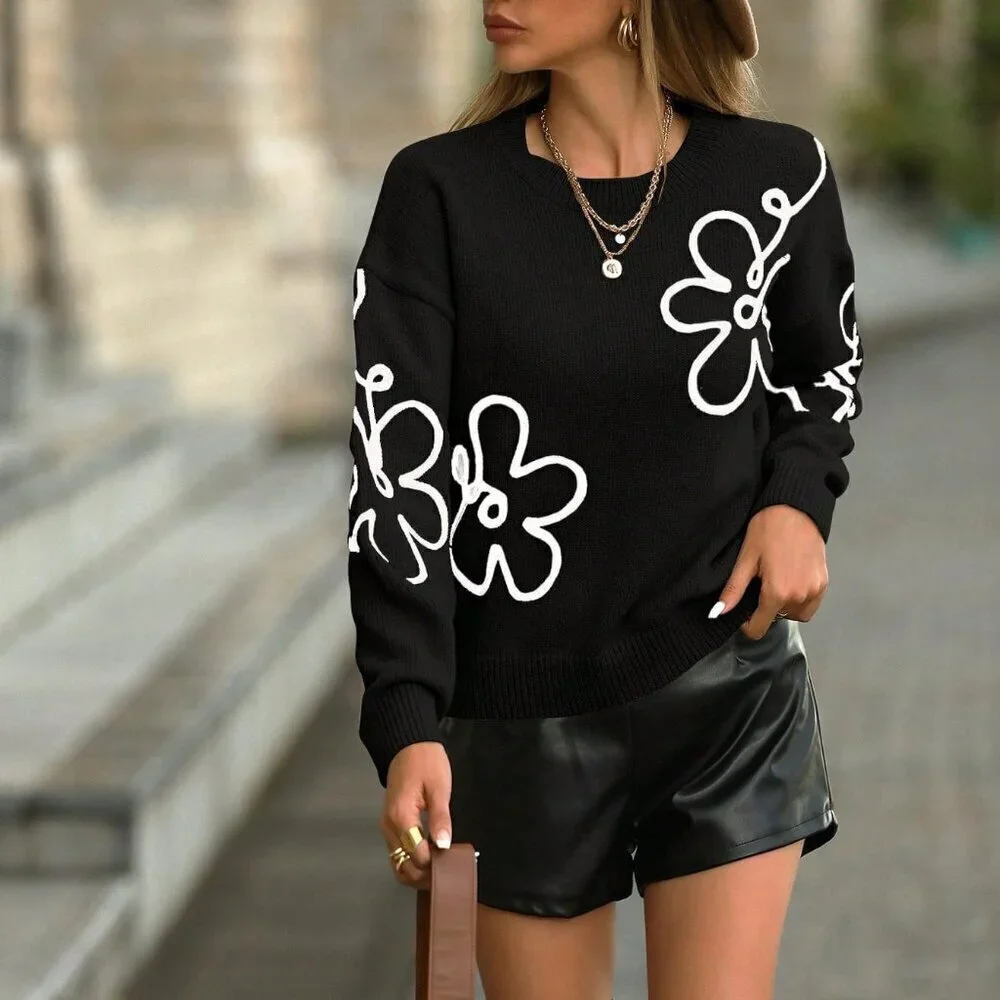 Black Casual Women's Floral pattern Drop Shoulder round neckline Sweater top
